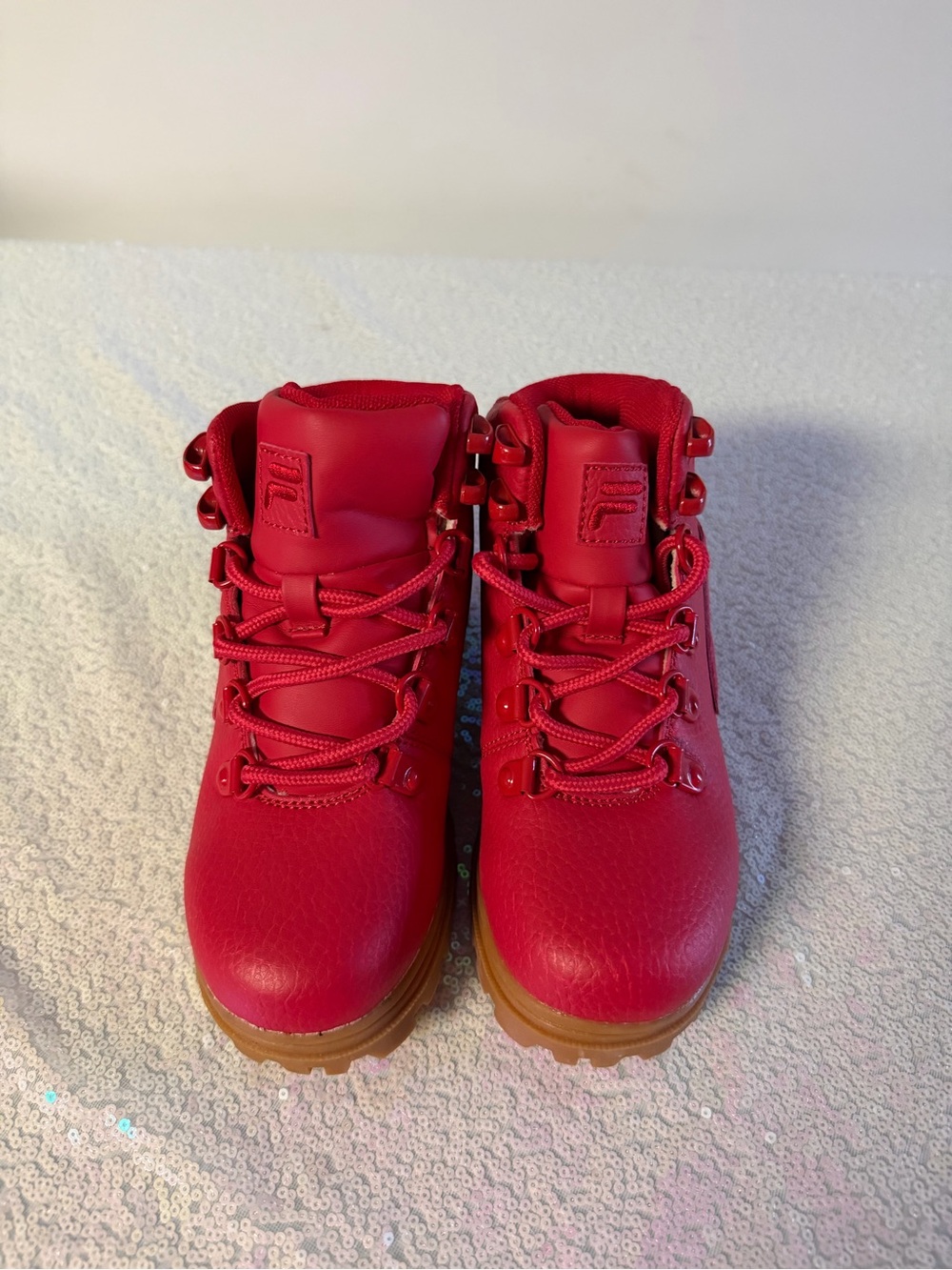 Fila Red Lace-Up Hiking Ankle Boots with Gum Sole